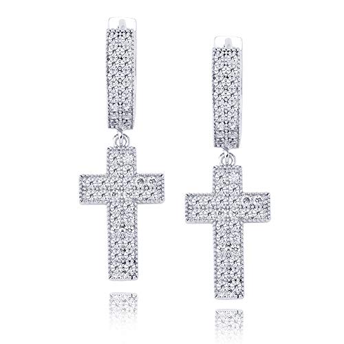 TOPGRILLZ Cross Hoop Dangle Earrings 925 Sterling Silver 5A+ Cubic Zirconia 14K Gold Hypoallergenic Cross Hoop Cuff Huggie Drop Earrings For Men Women - color: Cross 2 Silver