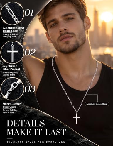MILACOLATO Solid 925 Sterling Silver Cross Necklace for Men Women 16-24 in - color: Sterling Silver Figaro Chain, size: 24 in=61 cm