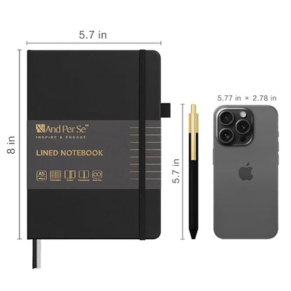 &And Per Se Lined Journal and Pen Set, A5 Leather Hardcover Notebook with Pen & Stationary Set, 160 Pages 100GSM Thick Ruled Paper Journal for Business Work Writing (Black) - color: Black