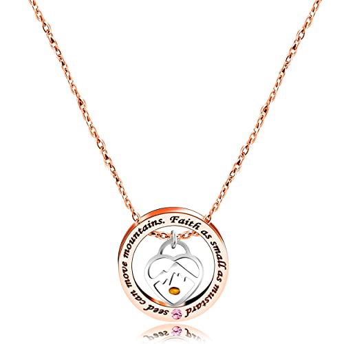 Uloveido Christian Circle Round Ring Necklace Engraved Faith As Small As A Mustard Seed Can Move Mountains Y958 - style: Pink CZ-rose gold-Heart Mountain