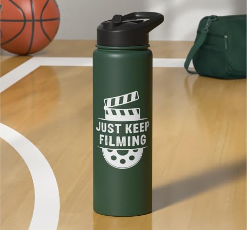 Just Keep Filming Film Industry Video Filmmaker Filming Stainless Steel Insulated Water Bottle - color: Dark Green