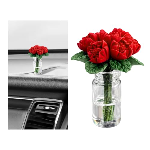 Rose Flower in Vase Car Dashboard Decoration, Mini Cute Flower Bouquet Rear View Mirror Ornament Realistic Decor, Miniature Funny Floral Vase Auto Ornament for Girls Women (Red) - color: Red