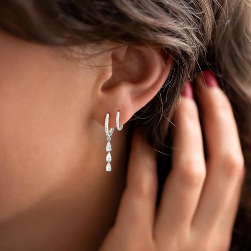 Bheop Gold Silver Dangle Earrings for Women, Cubic Zirconia Earring Stack - color: Silver-cz dangle hoop set