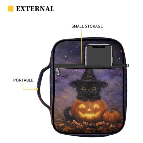 Suobstales Cat Pumpkin Bat Candy Maple Leaves Pattern Bible Cover Carrying Book Case for Women Men Halloween Lightweight Bible Bag Bible Protective with Handle and Zippered Pocket - color: Cat Pumpkin Bat Candy Maple Leaves