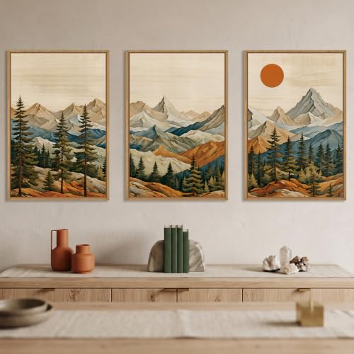 Boho Mountain Framed Canvas Wall Art Set, Woodcut Pine Tree Wall Decor, Brown Wooden Forest Wall Painting, Vintage Sunrise Art Print for Living Room, Bedroom, Office 16"X24"X3 - color: Boho Woodcut Wall Art, size: 16"L x 24"W