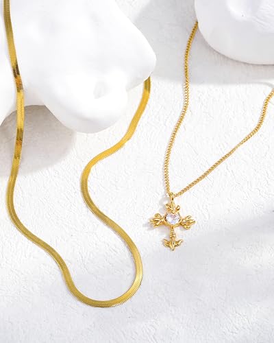 CONRAN KREMIX Waterproof Gold Layered Cross Necklace for Women Non Tarnish,14k Gold Plated Stainless Steel Dainty Cross Necklace Stack Necklaces Set for Women Christian Gifts Jewelry - color: Gold-Cross01