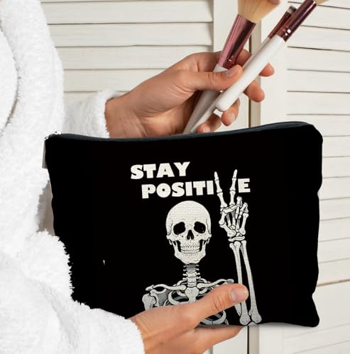 Gothic Skeleton Inspirational Makeup Bag for Women, Gothic Skull Stay Positive Cosmetic Bags,Gifts for For Mom Friends Teen Girl & Women, Black Zipper Makeup Pouch for Purse - color: Inspirational-Positive
