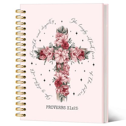 Pink Inspirational Christian Notebook Journal, Proverbs 31:25 Bible Verse Floral Journal for Women, Bible Journaling Supplies, Flower Cross Scripture Spiral Notebook 5.5x8.3 Inch - color: Proverbs 31:25-Flower Pink