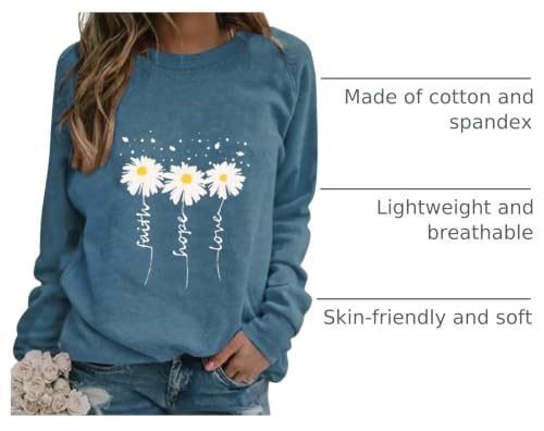 EADINVE Women Daisy Print Sweatshirts Crewneck Long Sleeve Pullover Tops - color: Dust Blue, size: Medium