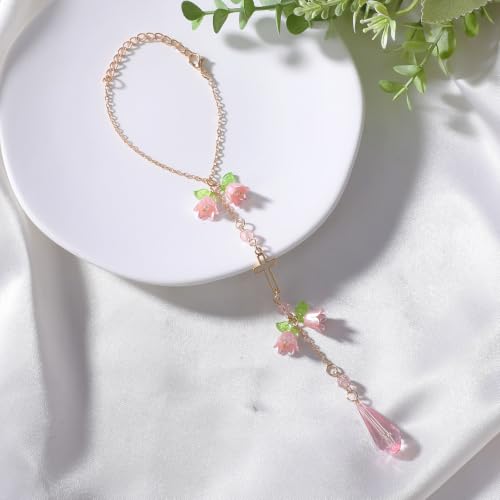 Cross Suncatcher Car Rearview Mirror Charm Pink Lily of Valley - color: Pink - Flower