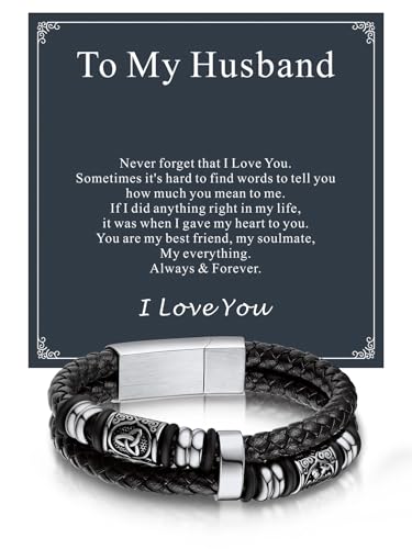 Bandmax Men's Black Double Wax Rope Bracelet Waterproof Stainless Steel Norse Style Celtic Knot Beads Wristband 7-9 Inch Gift for Men Father Husband Son Grandson - color: 06 With Card To My Husband, size: 8.26 Inches (21cm)