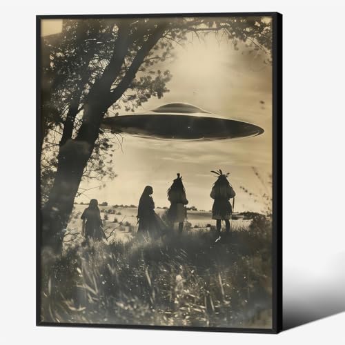 Gothic Dark Academia UFO Poster Vintage Native American Alien Close Encounter Wall Art Wild Southwestern Western Painting 08x10 inch Black Framed for Living Room Bedroom Wall Decor - color: Grey-bframed, size: 10L" x 8W"