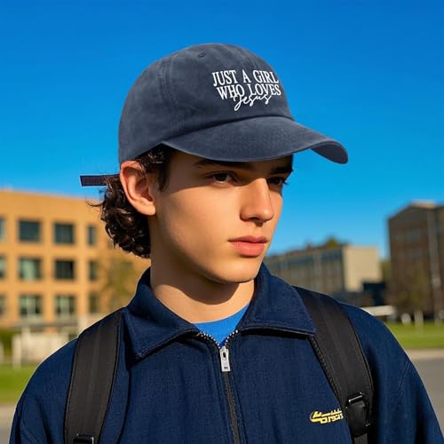JUSTS A Girls WHO Loves Jesus Hats for Women Aesthetic Washed Distressed - color: Navy Blue