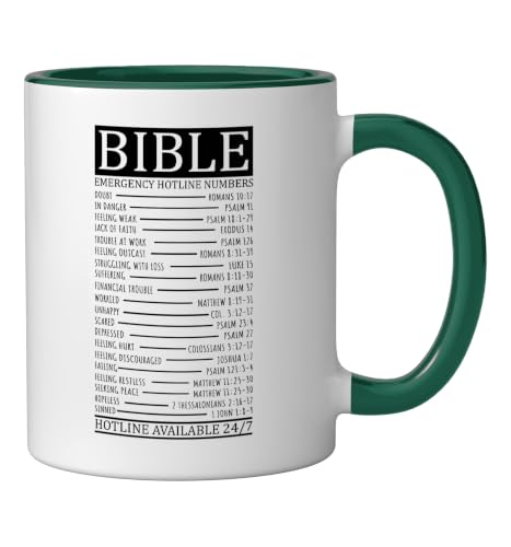 Bible Emergency Hotline Numbers | Christian Ceramic Mug, Dark Green/White, 11oz - color: Dark Green/White, size: 11 Ounces