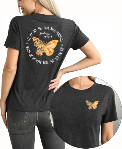 Christian Shirt for Women :Butterfly Graphic Shirts Bible Verse Tshirt Good Ness of God Tee Tops - color: Grey, size: Medium