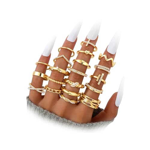 Gold Stackable Rings Set for Women, Gold Plated Chunky Crystal Finger Rings - color: Gold Twisted