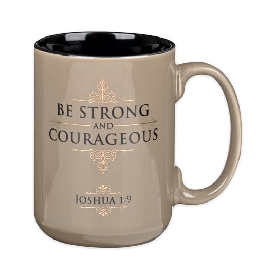 Christian Art Gifts Large Ceramic Coffee Scripture Mug for Men & Women - color: Tan & Black/Strong & Courageous