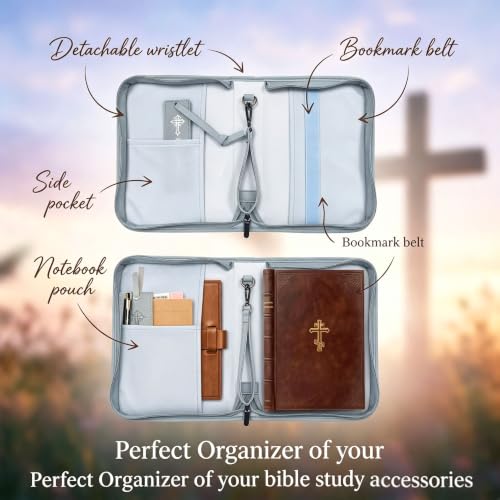 Bible Cover for Women - Leather Study Case with Bookmark, Supplies Carrying Bag Tote with Strap, Personalized Book Organizer for Journaling (Blue)