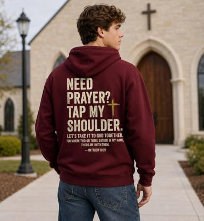Christian Hoodies for Men Religious Faith Need Prayer Tap My Shoulder Shirt - color: Claret, size: 3X-Large