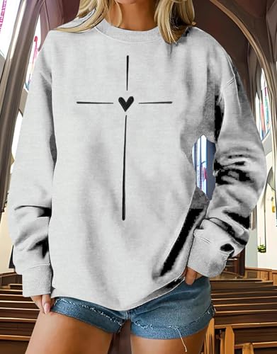 Christian Sweatshirts for Women Embroidered Jesus Cross Heart Print Shirt Inspirational Oversized Religious Pullover - color: Grey, size: Large
