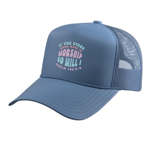 Christian Faith If Stars were Made to Worship Bible Verse Trucker Hat with Adjustable Mesh Back - color: Light Blue