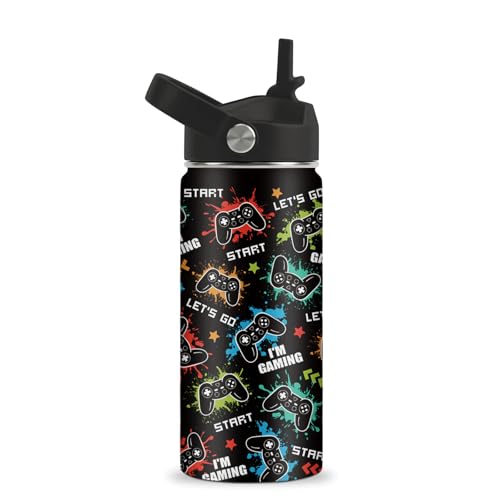 Game Water Bottle - 16oz Game Controller Stainless Steel Water Bottle with Straw - Funny Gamer Insulated Cup for Boys - Gaming Kids Tumbler for School, Sports, Travel - color: Game01, size: 16 Ounces
