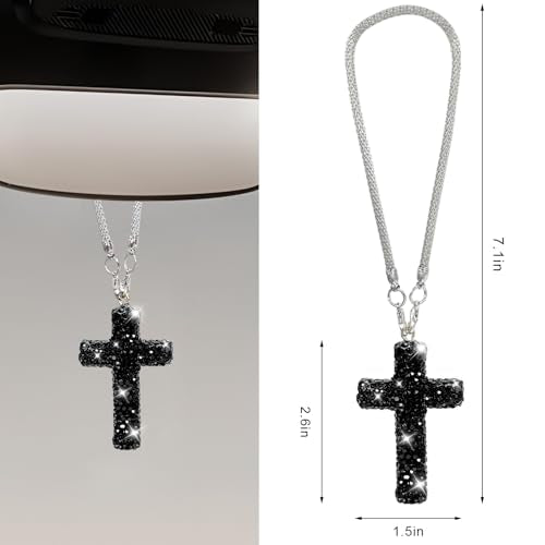 Cross Car Rearview Mirror Ornament, Shiny Rhinestone Cross Auto Rear View Mirror Pendant, Bling Religious Charms Interior Decor for Most Vehicles Rearview Mirrors (Black) - color: Black