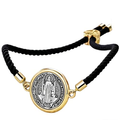 Catholic Bracelets St. Benedict Bracelet Red Rope Double Hole Pendant Couple Woven Bracelets Adjustable Black Bracelet - color: black