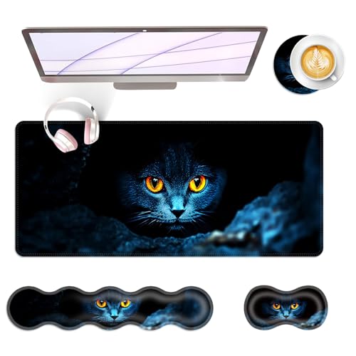 Large Keyboard Mouse Pad Set, Extended Mouse Pad+Keyboard Wrist Rest Support, Memory Foam Ergonomic Easy Typing, 4Pcs (31.5×11.8 in) Desk Pad Set for Office Home,Black Cat with Glowing Eyes - color: Black Cat With Glowing Eyes