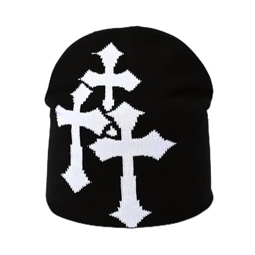 Fashion Knit Beanie with Cross Pattern Y2K Unisex Soft Jacquard Cap Popular Hip-Hop Cool Street Outdoor Sports Earflap Hat - color: Black