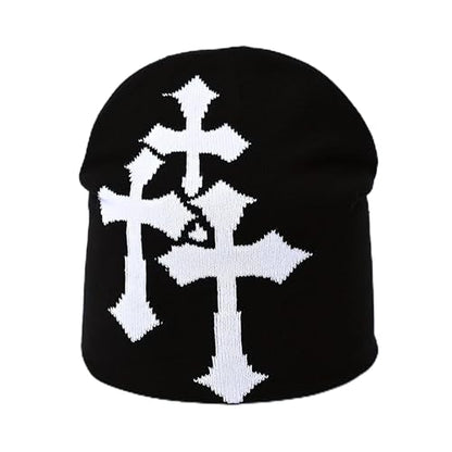 Fashion Knit Beanie with Cross Pattern Y2K Unisex Soft Jacquard Cap Popular Hip-Hop Cool Street Outdoor Sports Earflap Hat - color: Black