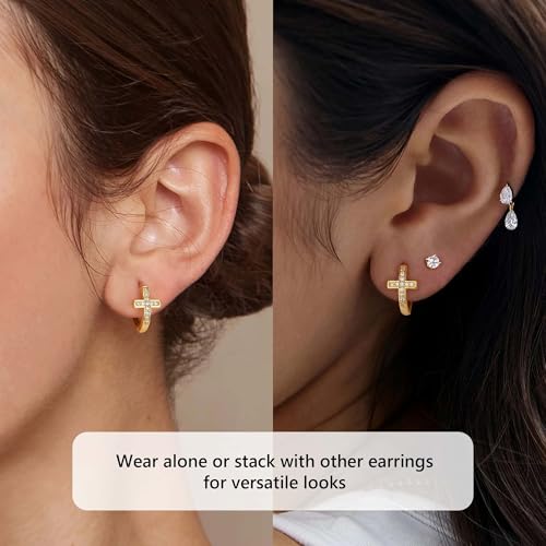 LOYATA Gold Cross Earrings for Women-14K Gold Plated Small Hoop Huggie Earrings Dainty Trendy CZ Cross Hoop Earring Cute Hypoallergenic Hoops Jewelry Gifts for Women Mothers Day Gifts for Mom - color: CZ