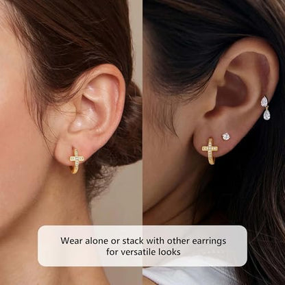 LOYATA Gold Cross Earrings for Women-14K Gold Plated Small Hoop Huggie Earrings Dainty Trendy CZ Cross Hoop Earring Cute Hypoallergenic Hoops Jewelry Gifts for Women Mothers Day Gifts for Mom - color: CZ