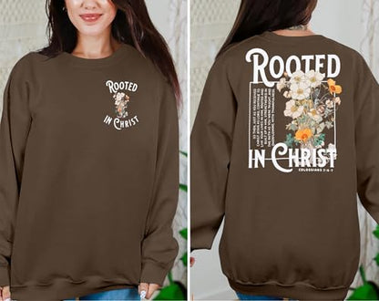 Women Christian Sweatshirt Rooted in Christ Shirts Jesus Boho Faith Clothes - color: Brown, size: Small