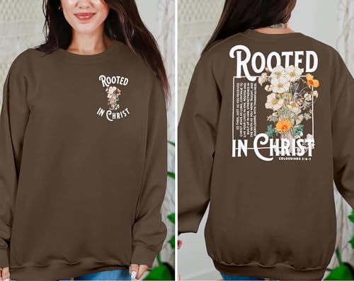 Women Christian Sweatshirt Rooted in Christ Shirts Jesus Boho Faith Clothes - color: Brown, size: Large