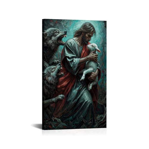 Stretched Canvas Wall Art with Wood Inner Frame, Jesus Protecting Lamb from Wolves Wall Decor, Christian Good Shepherd Religious Print, Inspirational Faith Artwork Ready to Hang for Living Room Bedroom Prayer Room - color: Good Shepherd, size: 24"L x 16"W