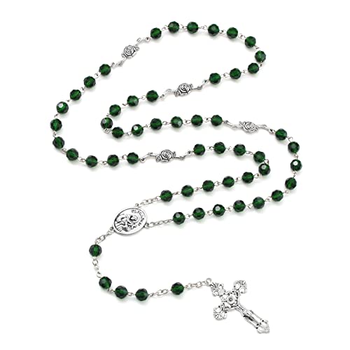 KOMI Rosary Beads Catholic for Women Gemstone Rosary Beads Necklace with Crucifix Cross Crystal Pearl Rosary Rosarios Catolicos Catholic Gifts - style: 8mm Green Crystal Beads