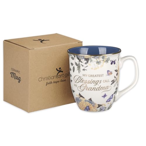 Christian Art Gifts Large Ceramic Coffee Scripture Mug for Grandmothers - color: White & Deep Blue Floral/Grandma