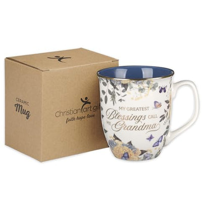 Christian Art Gifts Large Ceramic Coffee Scripture Mug for Grandmothers - color: White & Deep Blue Floral/Grandma