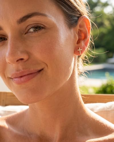 MUMREUES 14K Gold Earrings for Women Dainty CZ Cross Stud Earrings Jewelry - color: CZ Cross & Gold