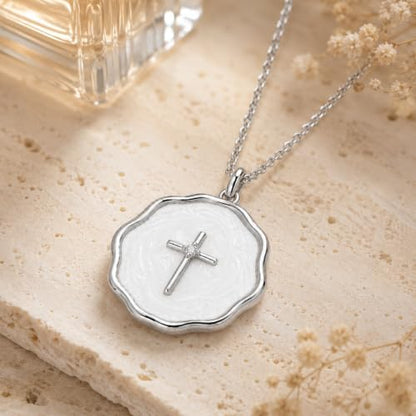 Enamel Cross Necklace for Women 18K Gold Plated Christian Pendant - color: White-Silver