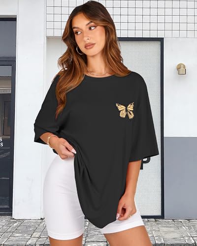 Womens Oversized Tshirt Graphic Tees Crew Neck Summer Short Sleeve Tops - color: A-butterfly Print Black, size: Small