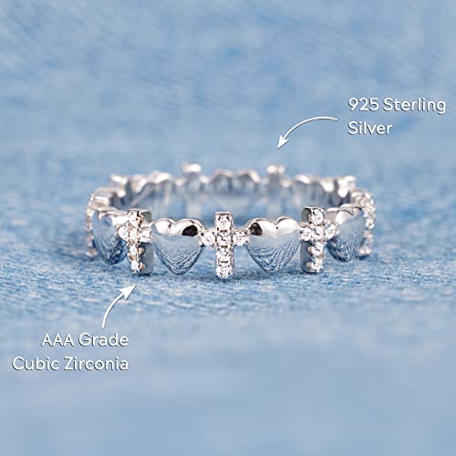 STORYJEWELLERY Cross Rings for Women, 925 Sterling Silver Purity Ring with Cubic Zirconia, Dainty Christian Jewelry, Confirmation and Baptism Gifts - color: Cross Heart Ring - 925 Sterling Silver