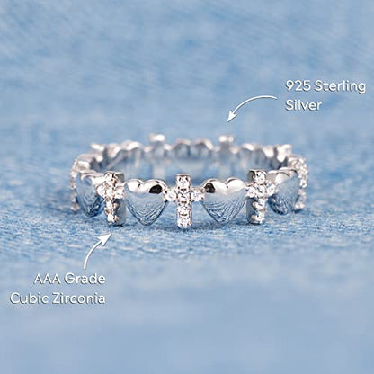 STORYJEWELLERY Cross Rings for Women, 925 Sterling Silver Purity Ring with Cubic Zirconia, Dainty Christian Jewelry, Confirmation and Baptism Gifts - color: Cross Heart Ring - 925 Sterling Silver