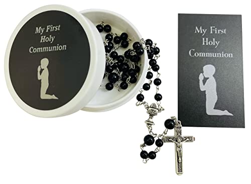 First Communion Rosary Set with Glass Black Beads Metal Crucifix