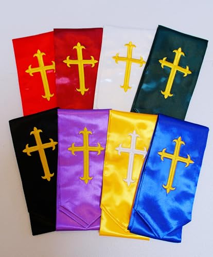 Unisex Clergy Stole with Embroidery Cross 72", Traditional Choir Stole - color: Red