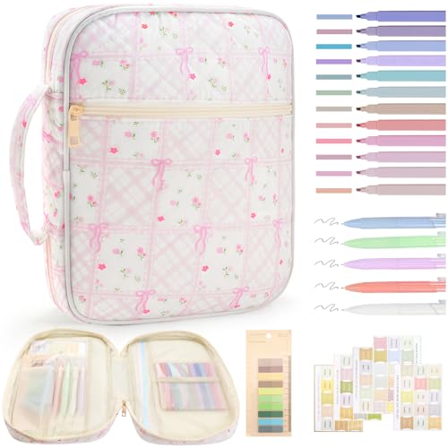 Zkptops Bible Cover Case for Women Large Bible Bag Cotton Quilted Bible Carrying Case with Zipper Pocket and Handle Carrying Book Cover for Christian Study Supplies Christian Gift(Bow Flower) - color: Fr Pink Purple Bow Flower