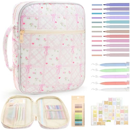 Zkptops Bible Cover Case for Women Large Bible Bag Cotton Quilted Bible Carrying Case with Zipper Pocket and Handle Carrying Book Cover for Christian Study Supplies Christian Gift(Bow Flower) - color: Fr Pink Purple Bow Flower