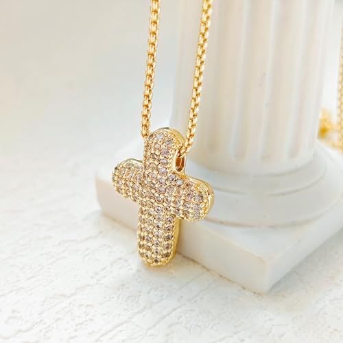 Partm Gold Cross Necklace for Women 14K Plated Dainty Pendant Cross Chain Faith Crucifix Choker Baptism Necklace for Women Trendy Religious Jewelry Hypoallergenic - color: Bubble Cross - Medium