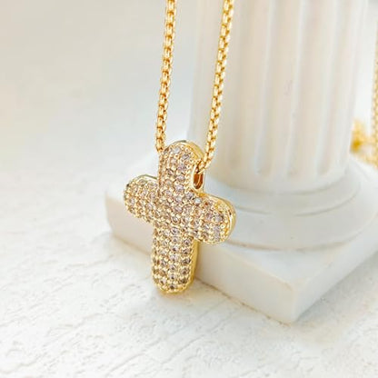 Partm Gold Cross Necklace for Women 14K Plated Dainty Pendant Cross Chain Faith Crucifix Choker Baptism Necklace for Women Trendy Religious Jewelry Hypoallergenic - color: Bubble Cross - Medium